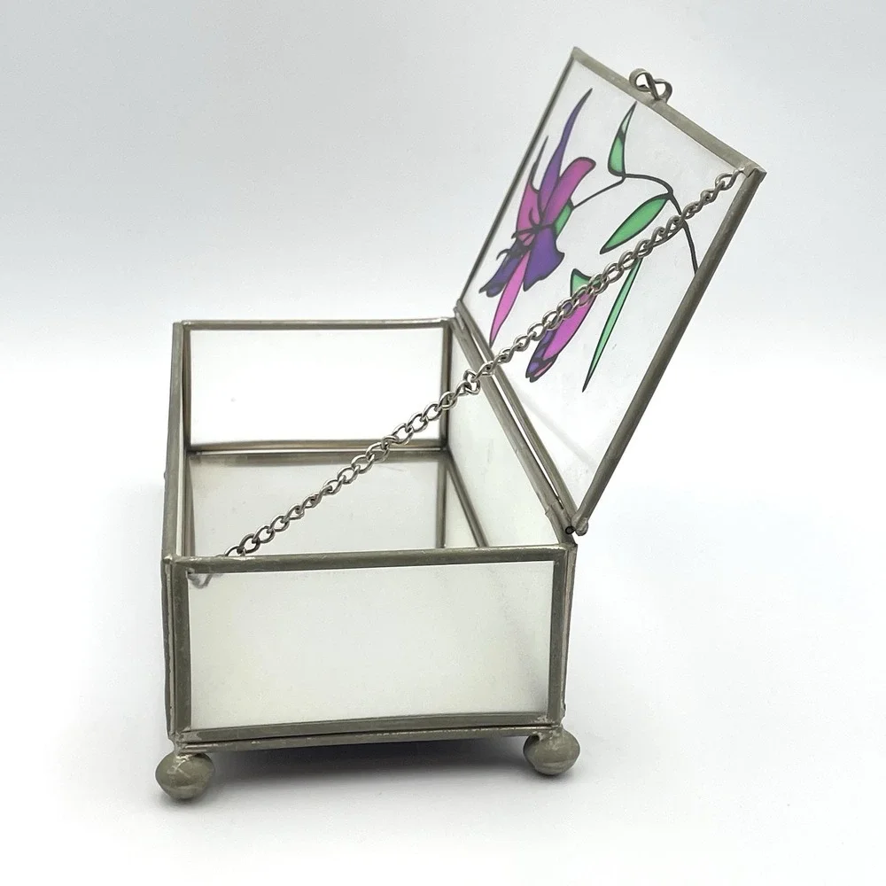 Vintage Taiwan Stained Glass Jewelry Trinket Box‎ Frosted Glass Purple Lily